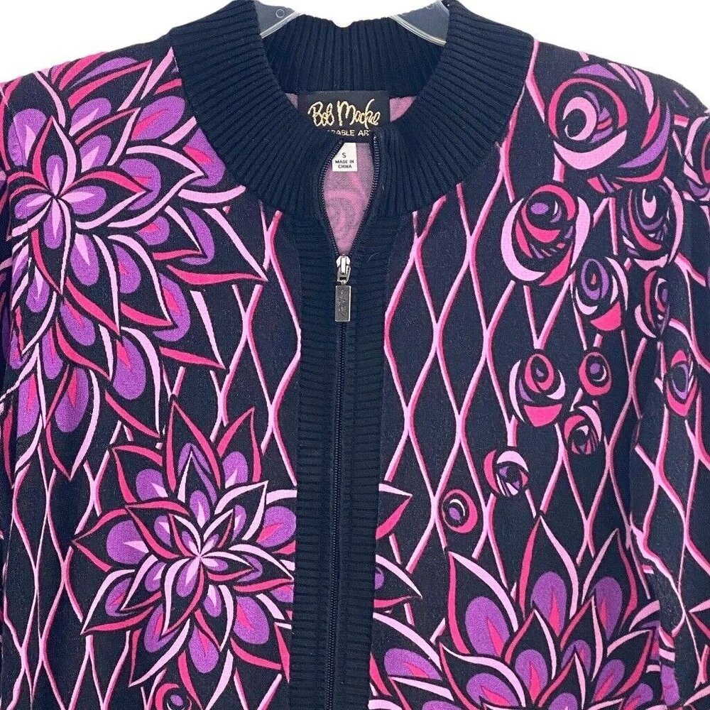 Bob Mackie Cardigan Sweater Wearable Art Sz S Rayon Nylon Zip Black Pink Floral